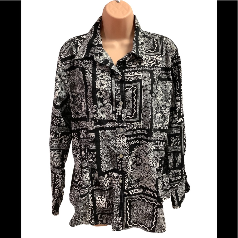 Chico's Black and White Patchwork Print Shirt